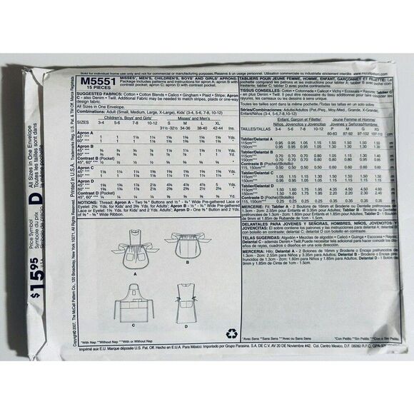 MCCALLS 5551 CHILD & ADULT FULL APRONS HALF APRONS UNISEX ONE SIZE UNCUT - Picture 2 of 2